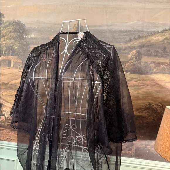 Vintage Sheer Black Lace Robe Sears Just For Women Gothic Lingerie Boudoir 1X